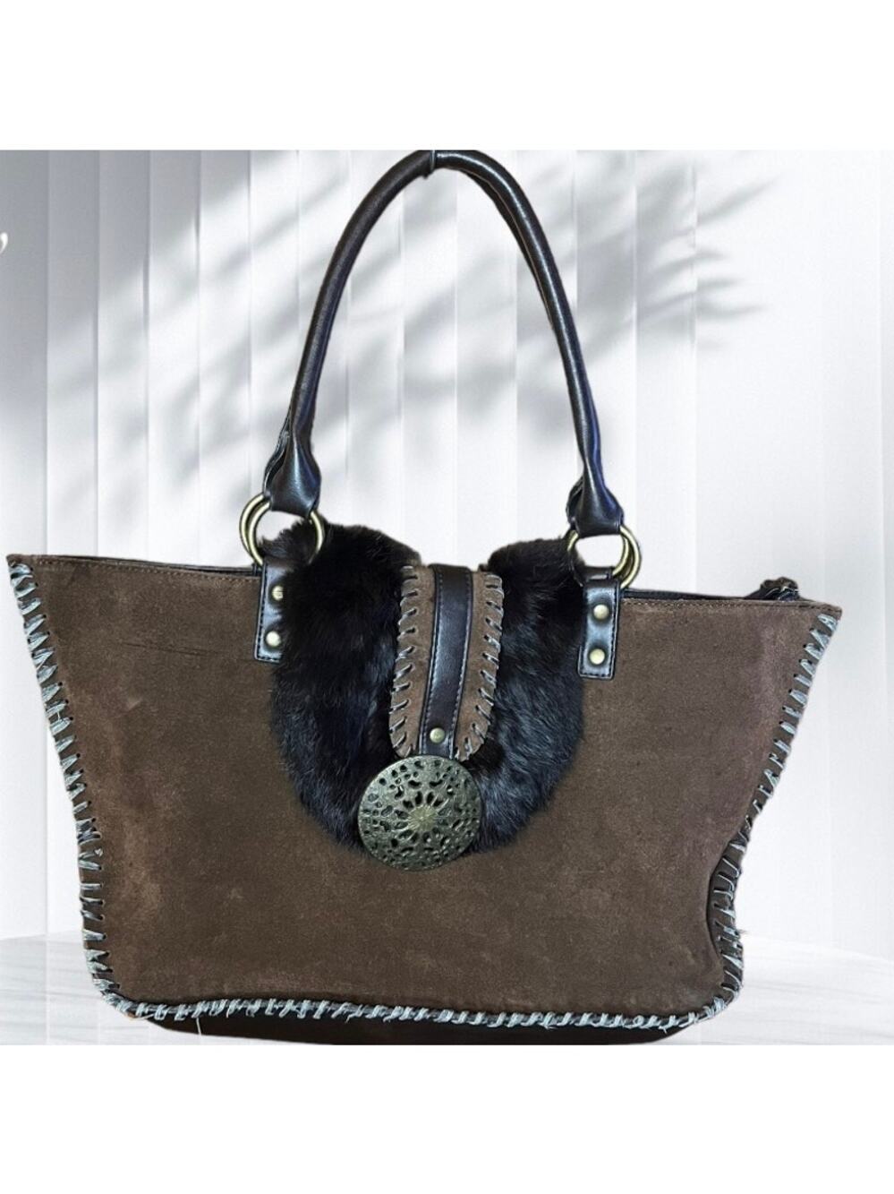Nicole Lee Boho Suede, Leather, and Fur Shoulder bag. 18” x 10” x 5”